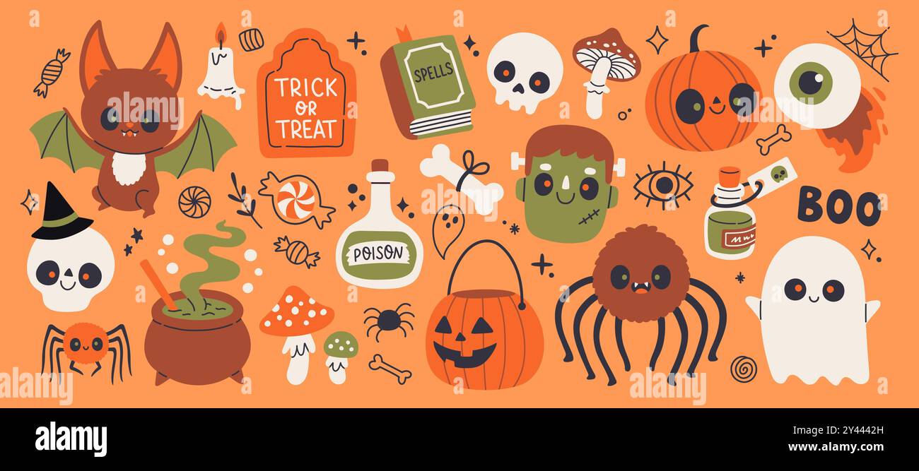 Ensemble d'éléments d'Halloween mignon. Fantôme, squelette, chauve-souris, citrouille. Pour scrapbooking, carte de voeux, invitation de fête, affiche Illustration de Vecteur