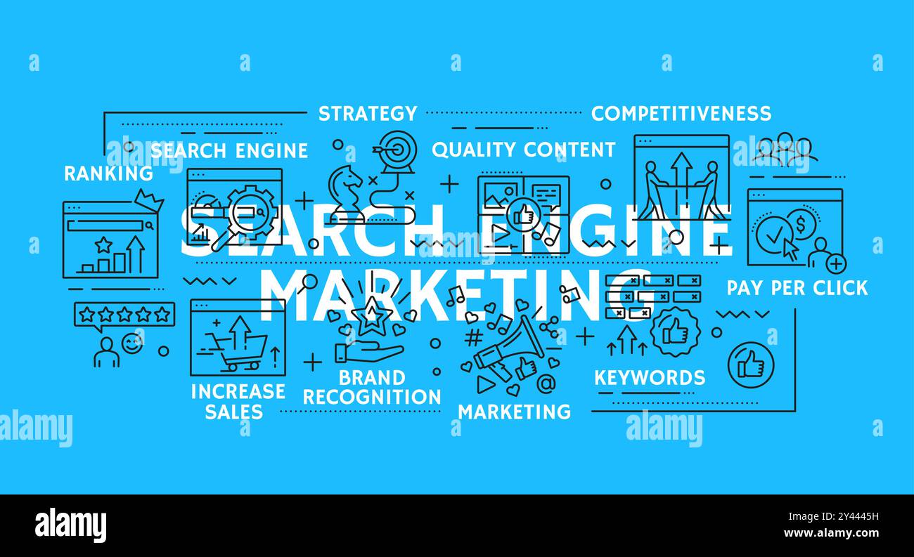 Icônes de vecteur de ligne de marketing de moteur de recherche SEM. Classement, augmentation des ventes, reconnaissance de la marque et mots-clés. Contenu de qualité, stratégie, compétitivité et payer par clic signes linéaires ou symboles ensemble Illustration de Vecteur