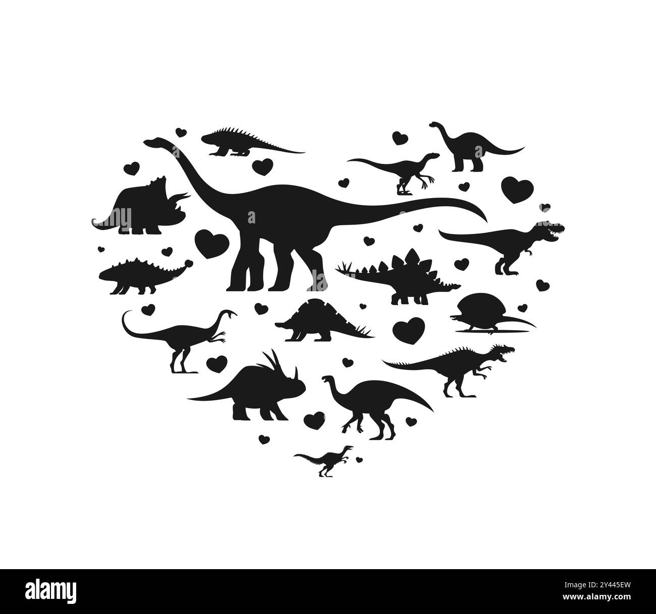 Bannière de dinosaures préhistoriques avec forme de coeur et silhouettes de dinosaures, vecteur de bande dessinée. Bannière de parc Jurassique pour enfants avec lézards dinosaures préhistoriques et reptiles de T Rex et vélociraptor avec des coeurs Illustration de Vecteur