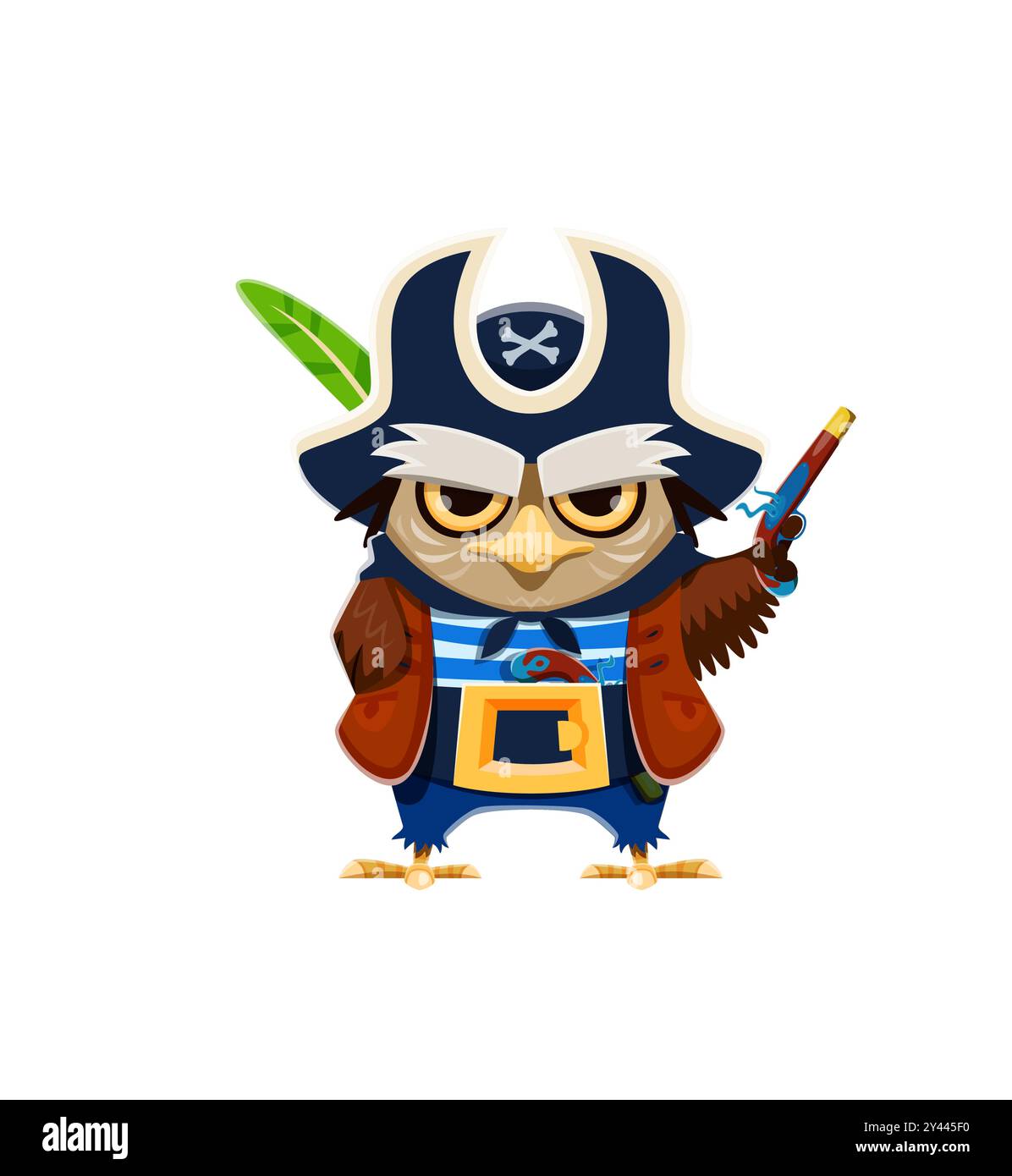 Pirate d'oiseau de hibou de dessin animé ou personnage de capitaine de corsaire, skipper drôle des Caraïbes vecteur. Chouette chouette dans le chapeau tricorne avec des os croisés et mousquet ou pistolet, marin bateau swain animal personnage d'animal zoo Illustration de Vecteur