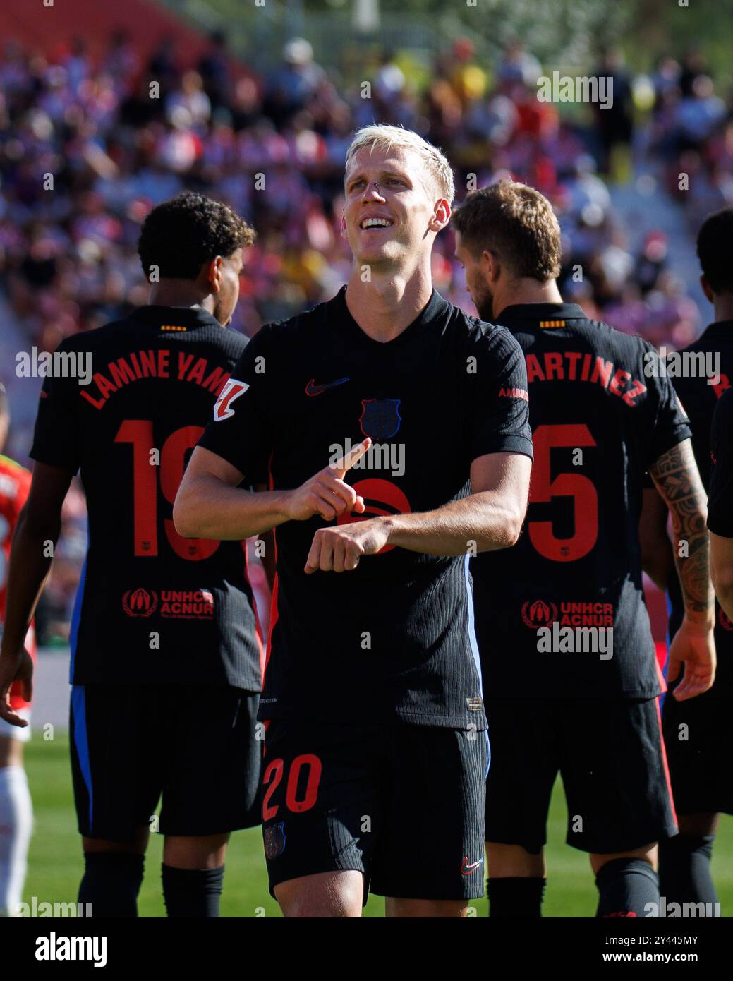 Gérone, Espagne. 15 septembre 2024. Dani Olmo célèbre après avoir marqué un but lors du match LaLiga EA Sports entre le Girona FC et le FC Barcelone au stade Montilivi. Crédit : Christian Bertrand/Alamy Live News Banque D'Images