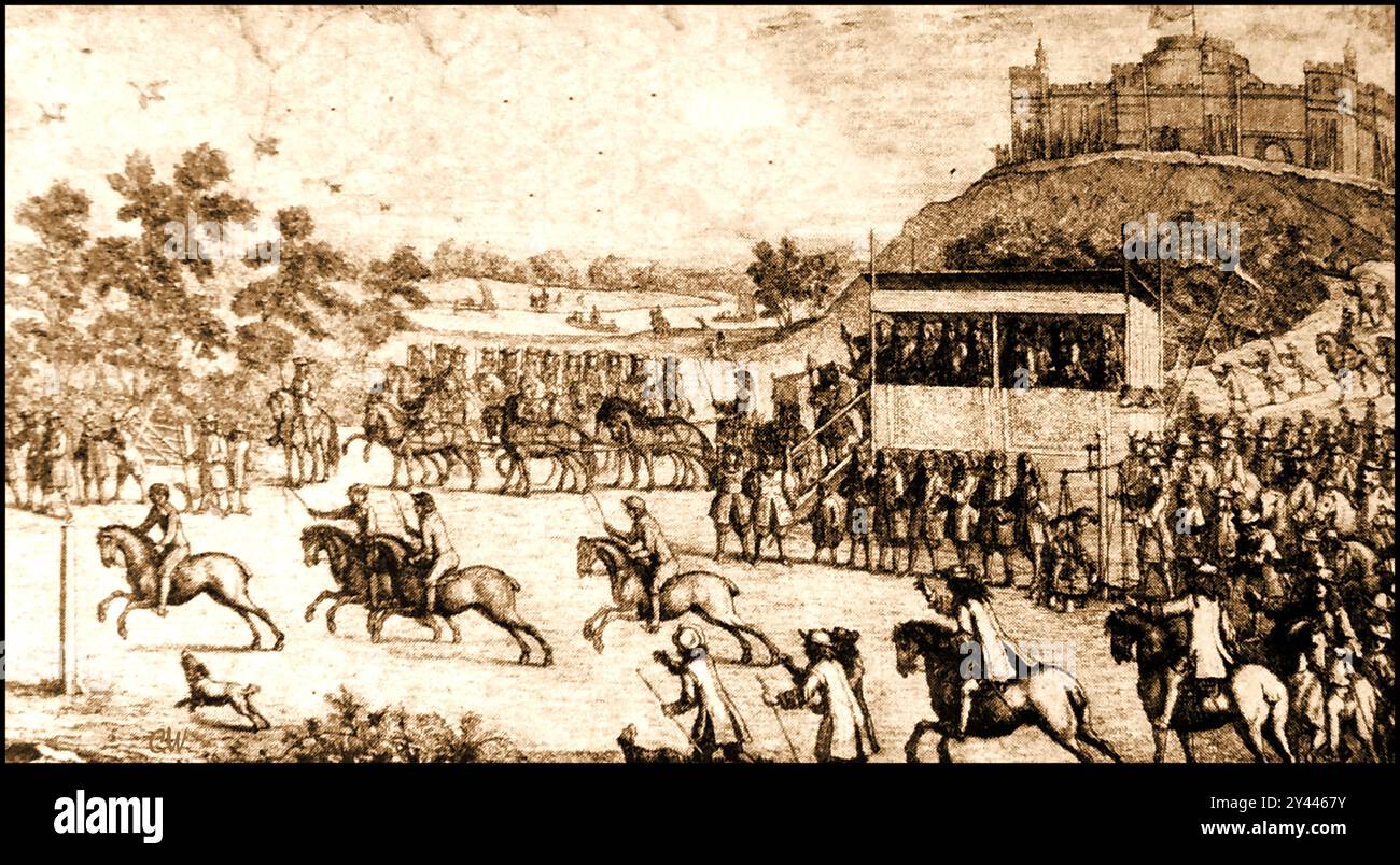 Gravure ancienne montrant la dernière course de chevaux avant le roi Charles II à (Dorsett ou Datchet) Ferry, près du château de Windsor UK le 24 août 1684 Banque D'Images