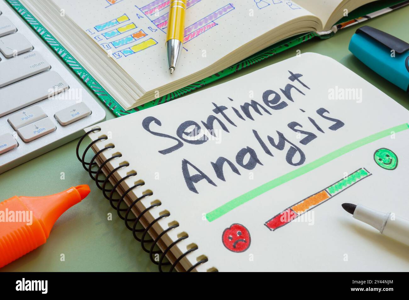 Bloc-notes avec des notes sur l'analyse des sentiments. Banque D'Images