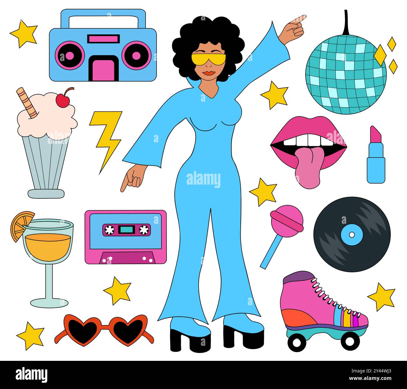 Ensemble d'éléments rétro des années 80. Femme afro en salopette et lunettes de soleil dansant. Lecteur audio vintage, disque musical, milkshake, cocktail orange, patin à roulettes Illustration de Vecteur