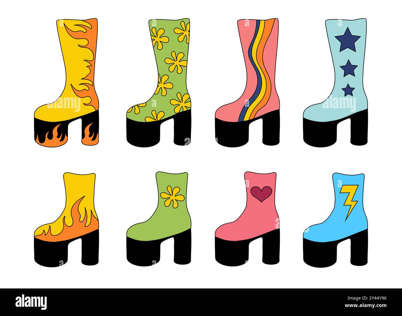 Ensemble de bottes disco rétro tendance 1980. Collection chaussures vintage design différent. Illustration vectorielle plate. Illustration de Vecteur