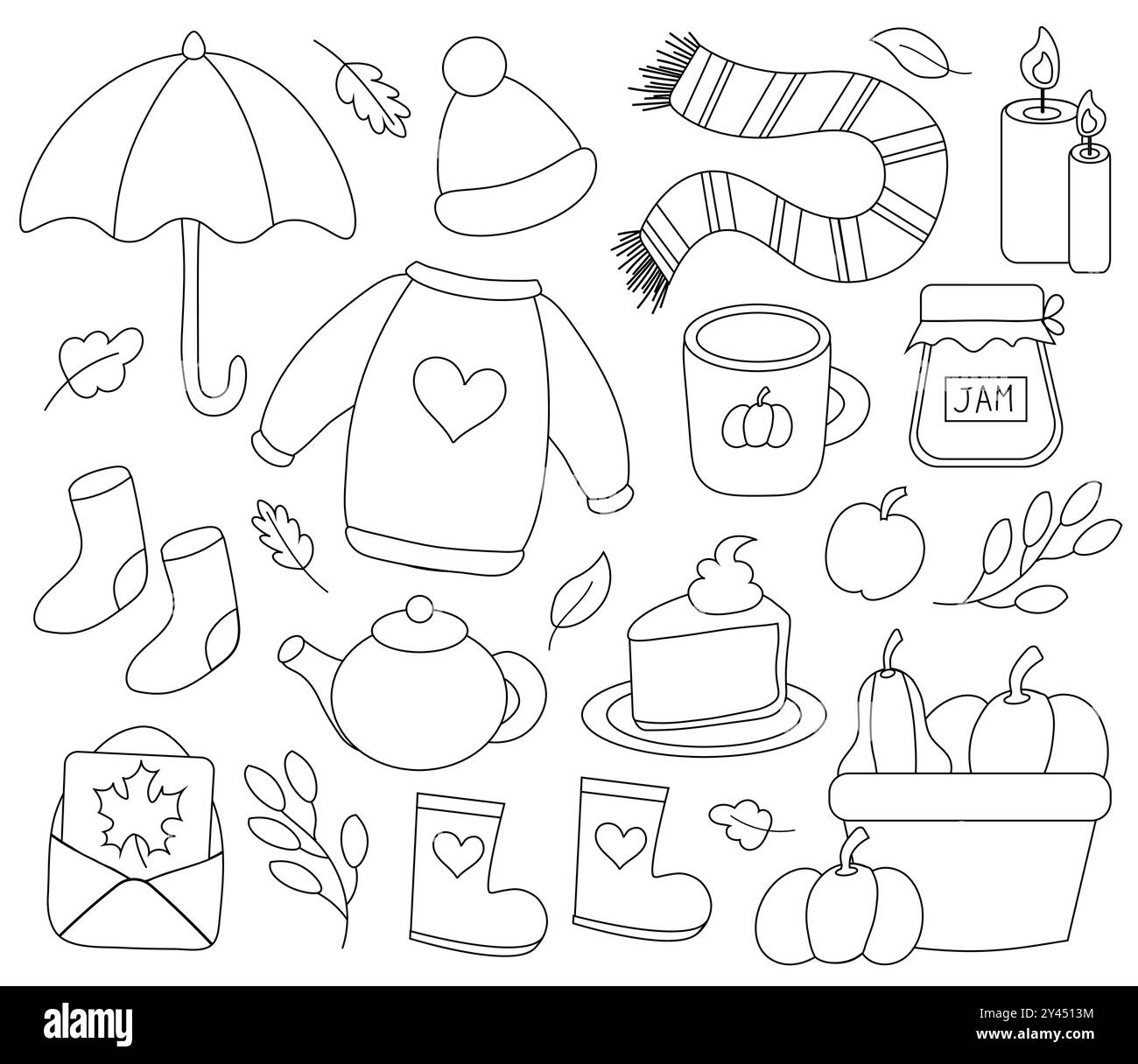 Jeu d'éléments d'automne. Ligne avec contour. Pull confortable, chapeau, écharpe et chaussettes, parapluie. Panier citrouilles, bougies. Bottes en caoutchouc. Tarte à la citrouille. Théière Illustration de Vecteur