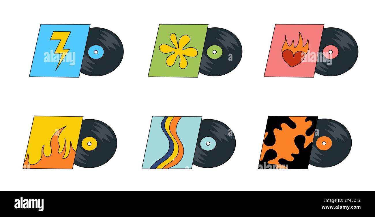 Disques vinyles avec différentes couvertures de conception. LP ou disques musicaux longue durée. EQUIPEMENT DJ pour soirée disco. années 70 années 80 années 90 discothèque nostalgie concept. Illustration de Vecteur