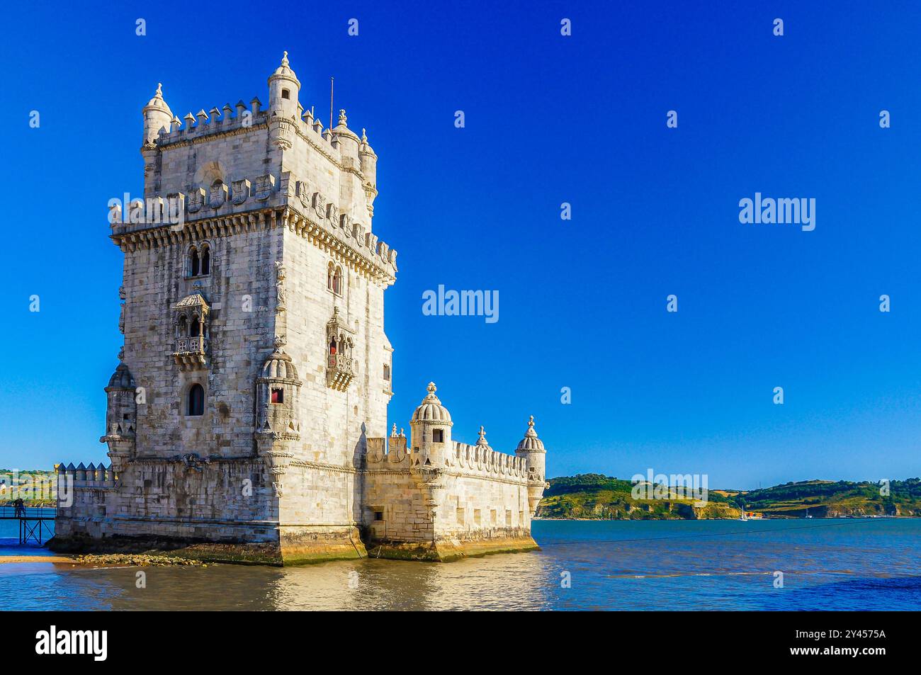 Tour de Belem, l'un des sites les plus emblématiques et photographiés de toute Lisbonne, style manuel portugais Banque D'Images