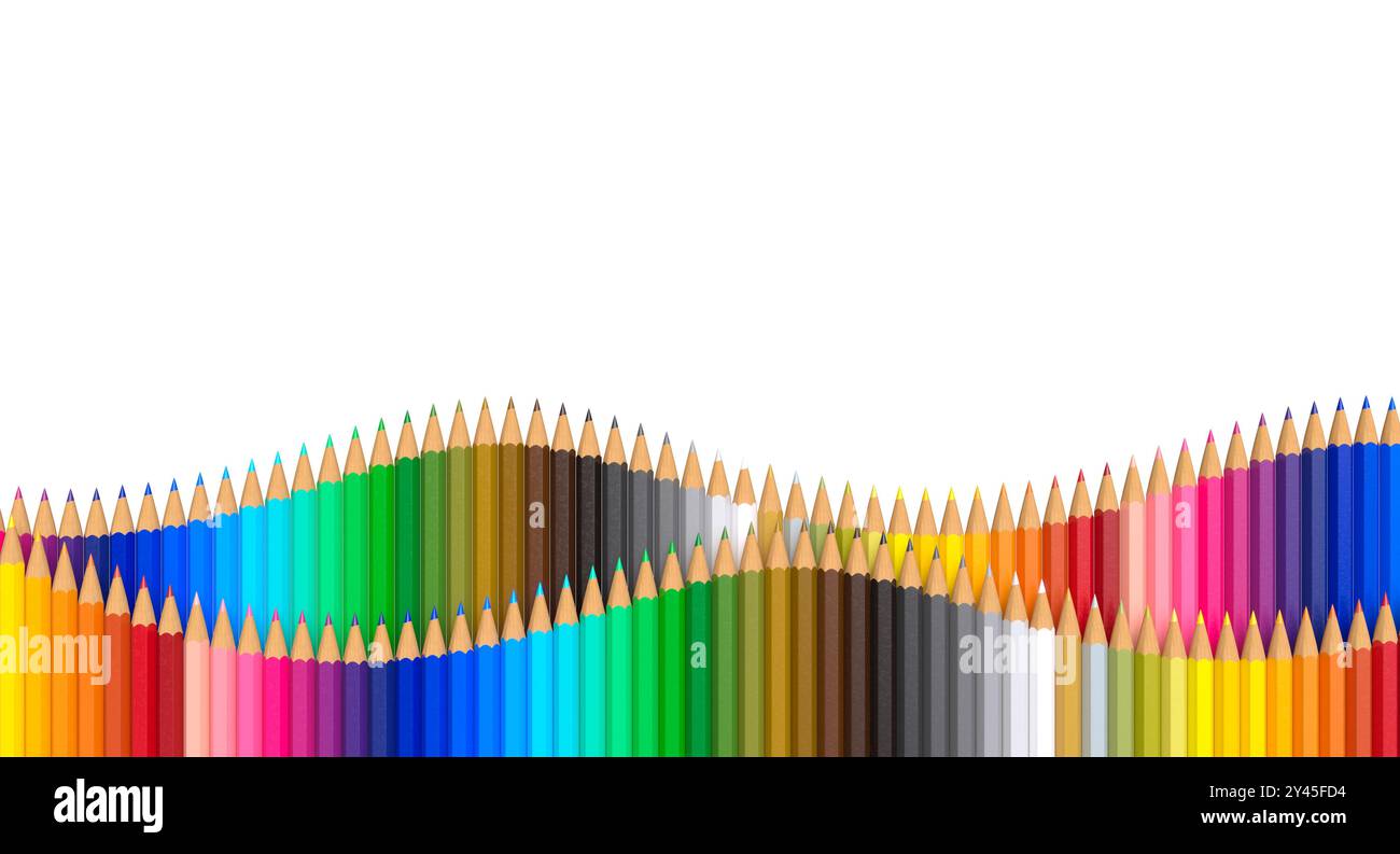 Crayons de couleur vibrants formant un motif ondulé sur fond transparent 3D. Banque D'Images
