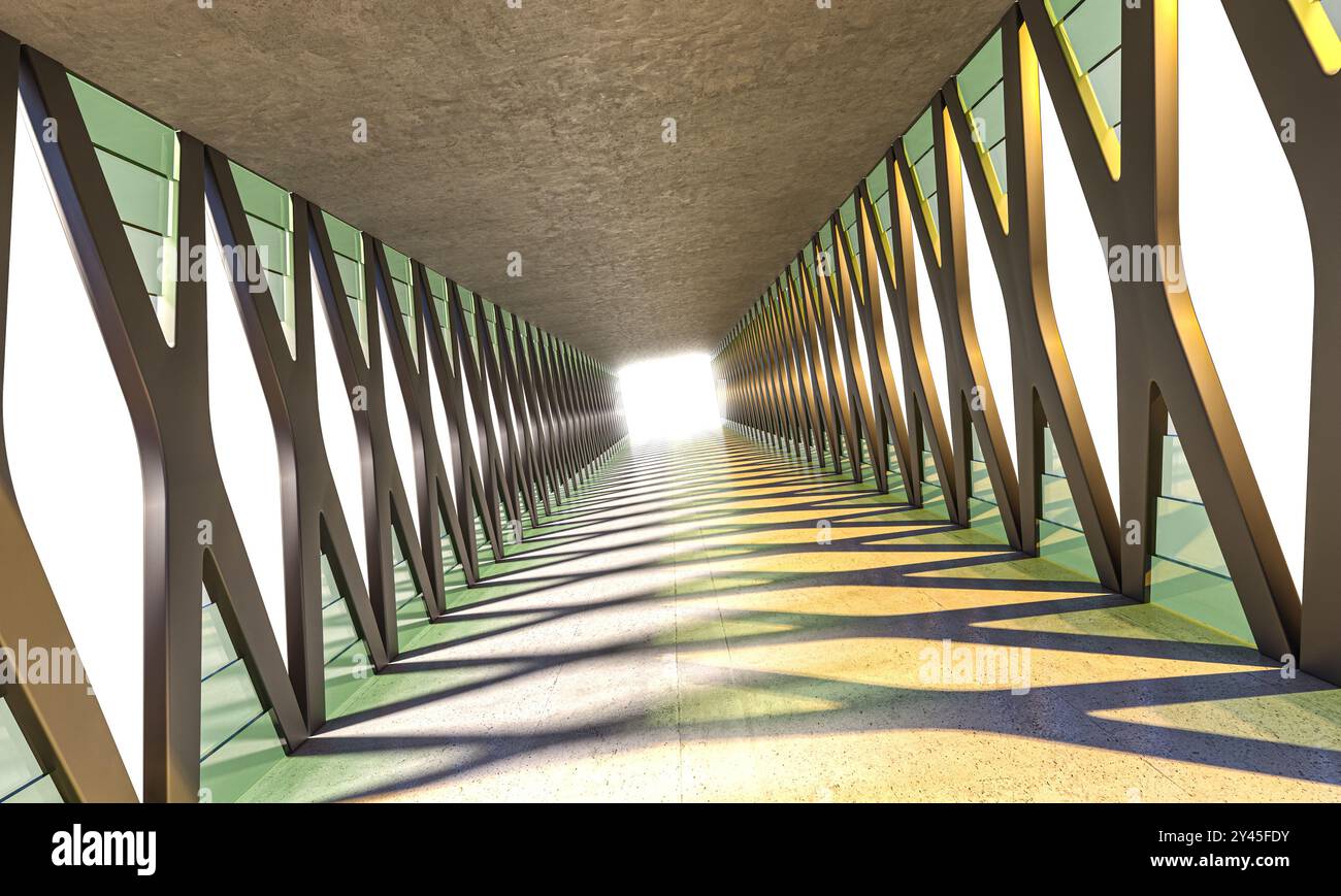 Lumière du soleil éclairant le bout d'un couloir moderne en béton et verre Banque D'Images