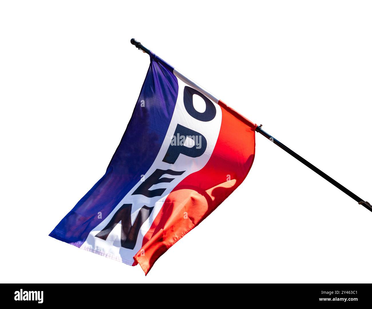 Drapeau bleu, blanc et rouge avec le mot Open dessus. Isolé sur fond blanc Banque D'Images