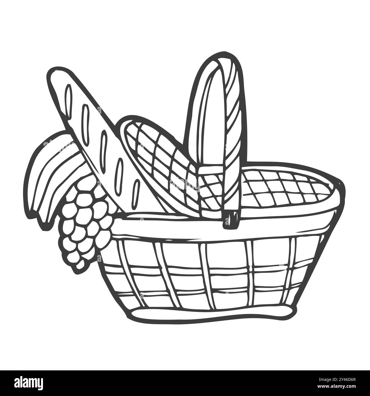 Dessin à la main vecteur camping illustranion. Panier pique-nique. Convient pour les cartes postales, pour les fonds, flyers, décorations, bannières, icônes. Il peut être utilisé comme Illustration de Vecteur