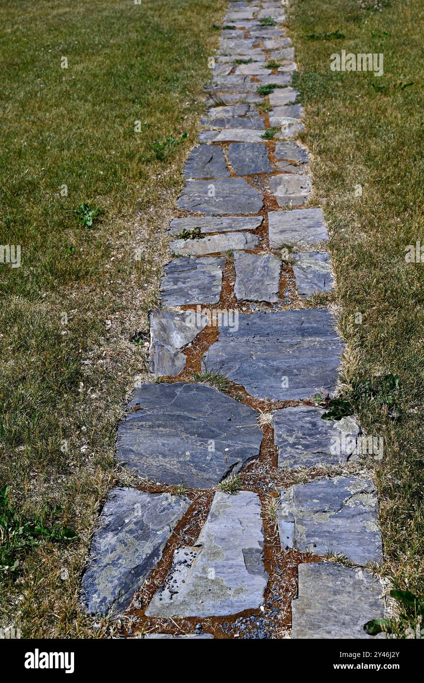 L'image représente un chemin de pierre rustique disposé en ligne droite à travers une pelouse herbeuse. Les pierres sont de forme irrégulière et s'emboîtent ensemble avec vis Banque D'Images