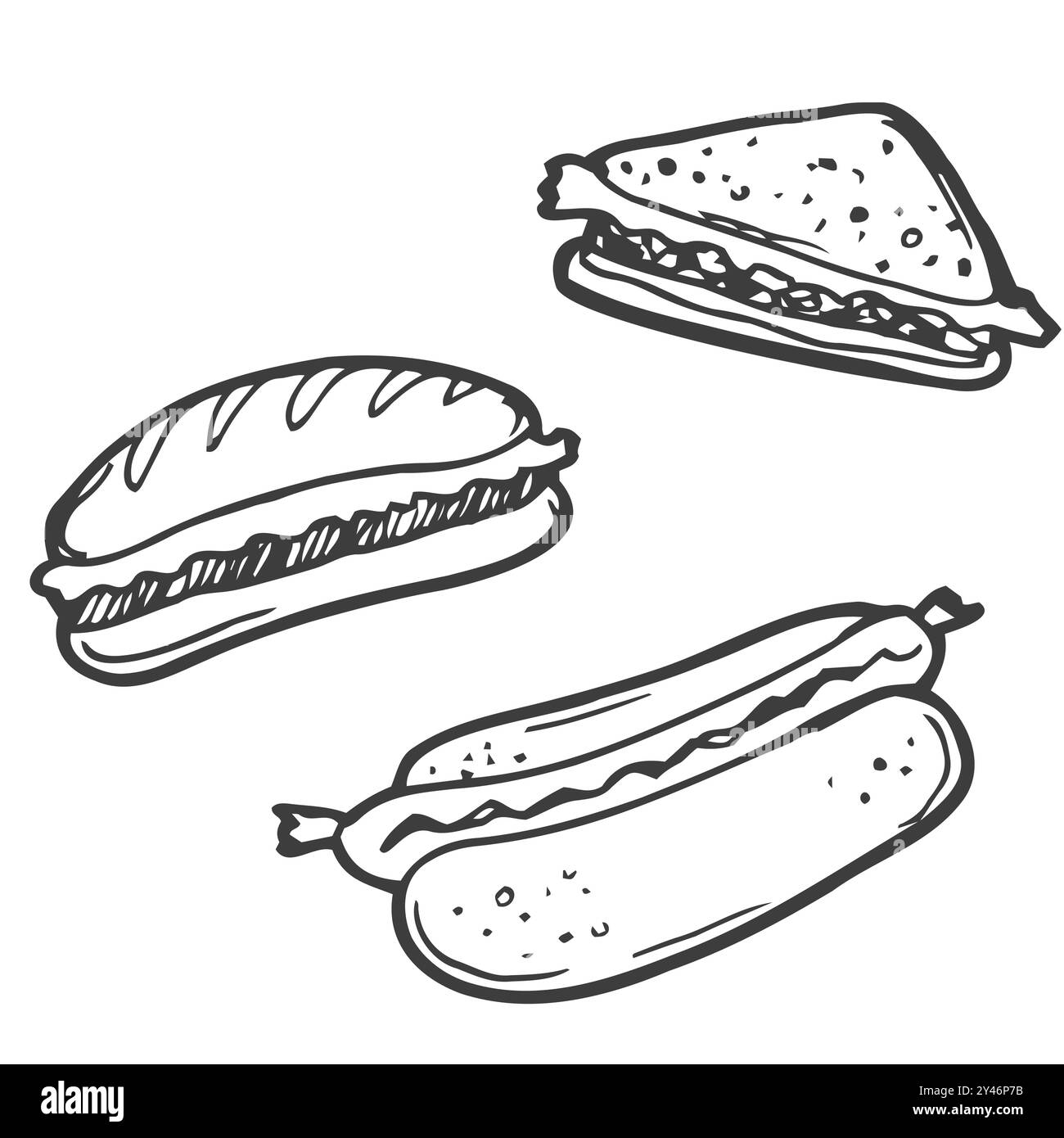 Un ensemble d'éléments de gribouillage de restauration rapide. Malbouffe. Hamburger, hot dog, burrito, sandwich, pizza. Isolé sur fond blanc. Illustration de Vecteur