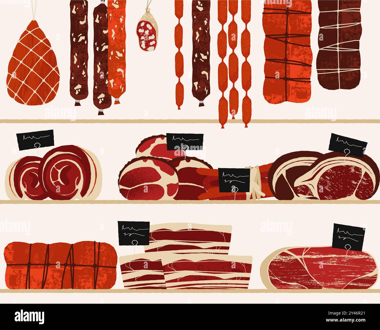 Étagères à viande dans le supermarché. Dessins animés produits de viande crue et séchée frais, porc bœuf agneau poulet. Modèle d'étagère de magasin de boucherie de vecteur avec jambon à saucisse Illustration de Vecteur