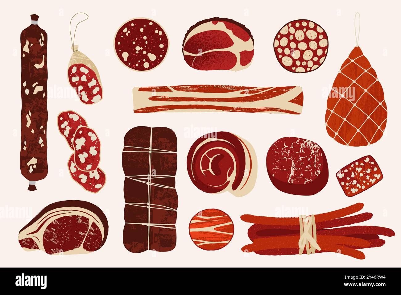 Saucisses de charcuterie de dessins animés. Viande frankfurter salami steak jambon d'agneau, bar-b-q bœuf de porc cru et fumé frankfurter, produits BBQ. Menu boucherie. Illustration de Vecteur