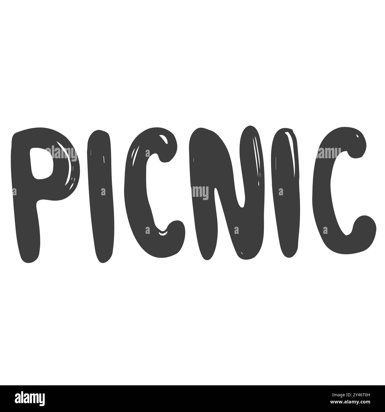 Titre pique-nique illustration de doodle. Jeu d'icônes vectorielles. Mot calligraphique. Illustration de Vecteur