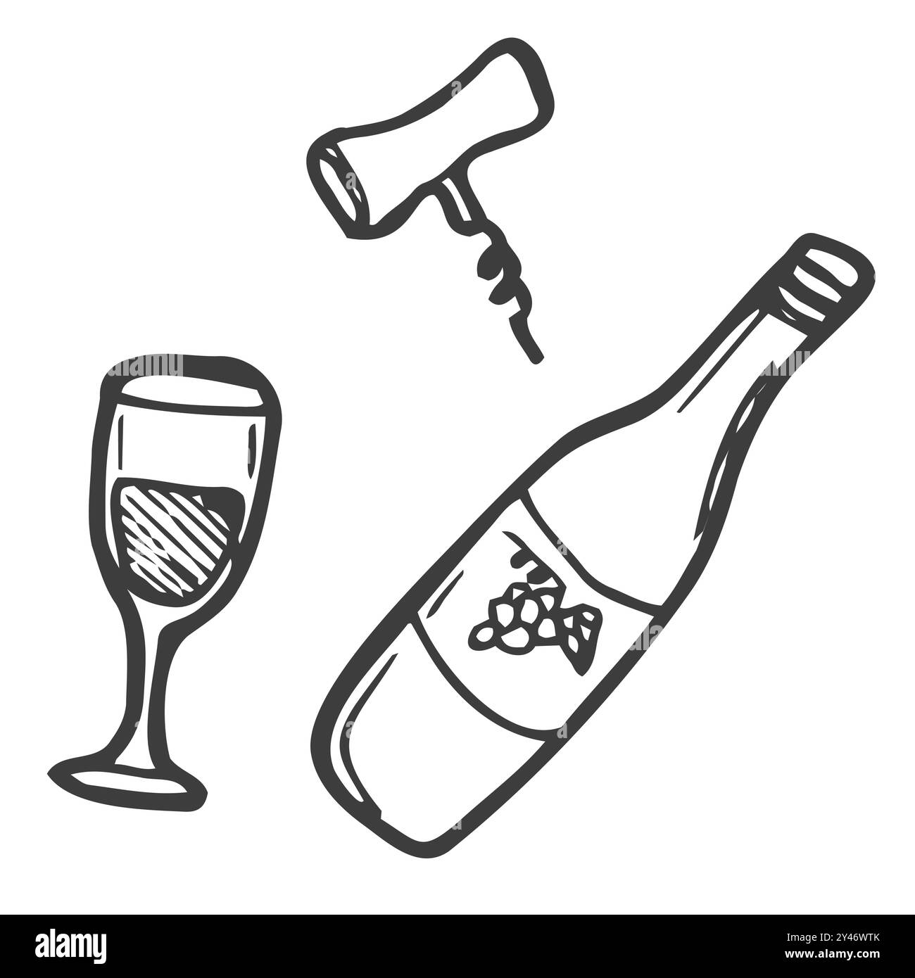 Illustration de jeu de vin de style Doodle en format vectoriel, y compris bouteille, verre, tire-bouchon Illustration de Vecteur