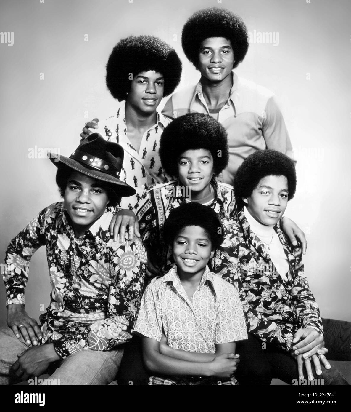 Les Jackson 5 de 1974. Dans le sens des aiguilles d'une montre en bas à gauche - Tito Jackson, Jermaine Jackson, Jackie Jackson, Marlon Jackson, Randy Jackson, Michael Jackson (c Banque D'Images