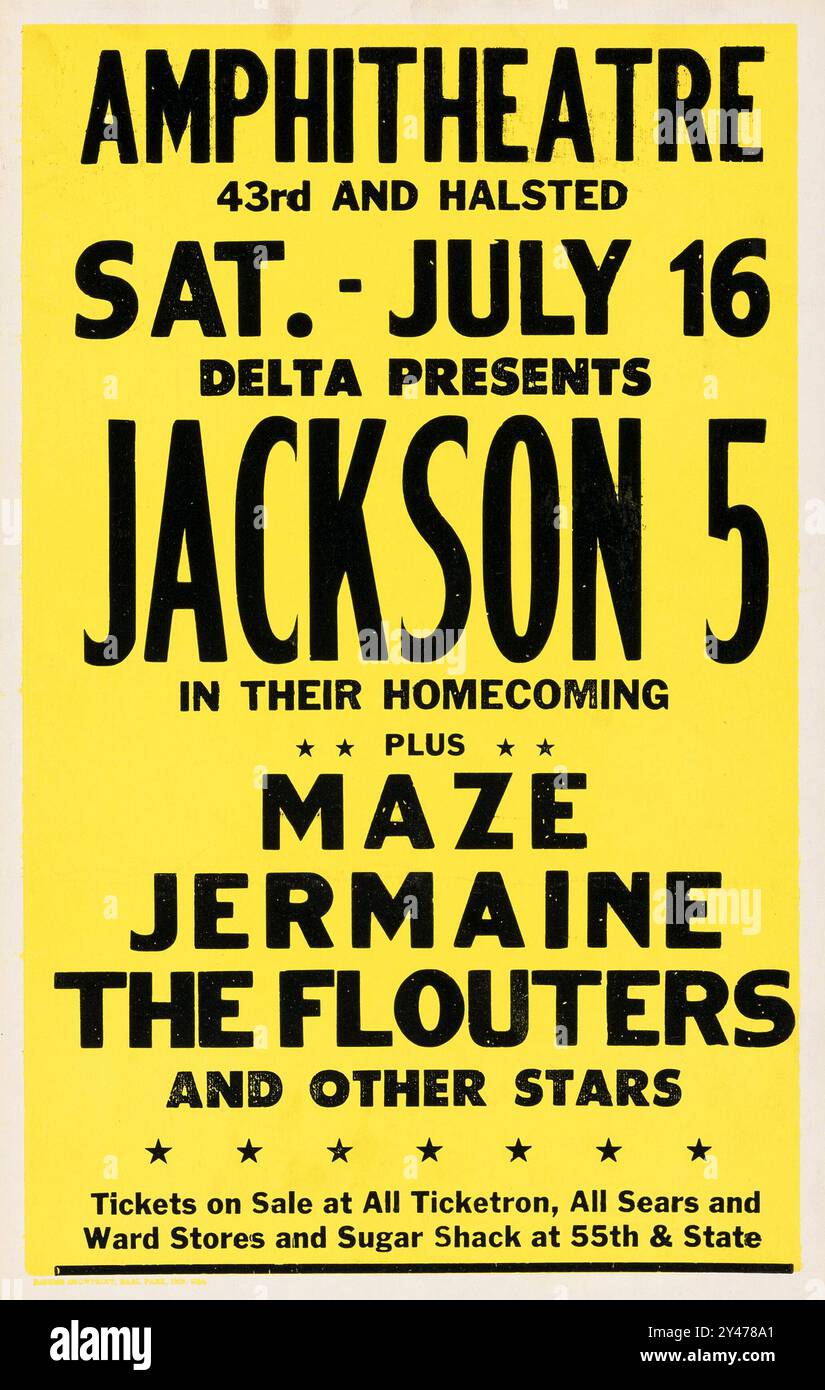 Le Jackson 5 (Michael Jackson) affiche jaune vintage de concert - Amphitheatre, Chicago, Illinois 1977 Banque D'Images