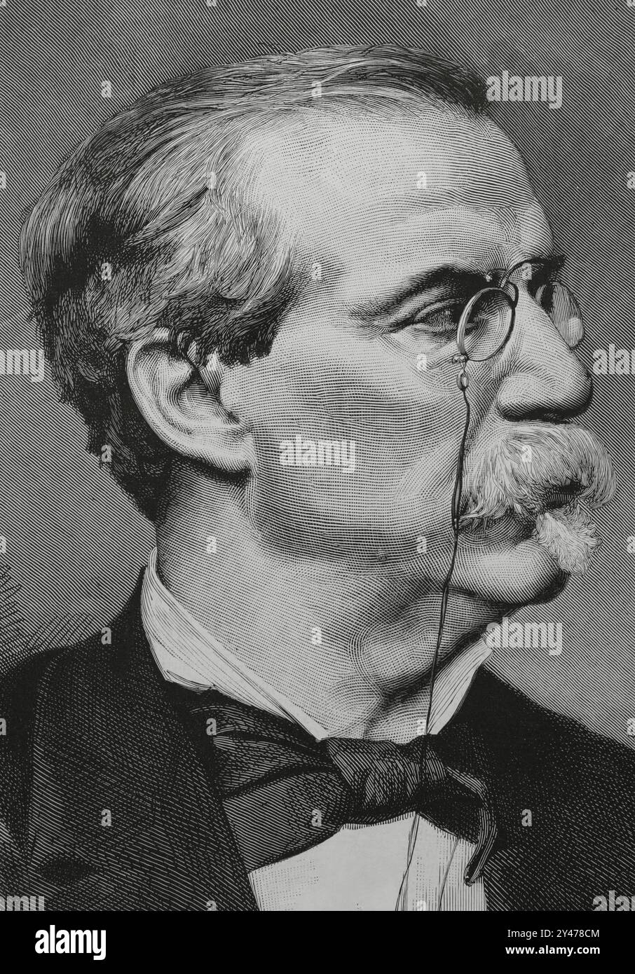 Antonio Cánovas del Castillo (1828-1897) Politicien et historien espagnol. Fondateur du Parti conservateur. Portrait. Gravure d'Arturo Carretero (1852-1903). Détail. La Ilustración Española y Americana (illustration espagnole et américaine), 8 février 1884. Banque D'Images