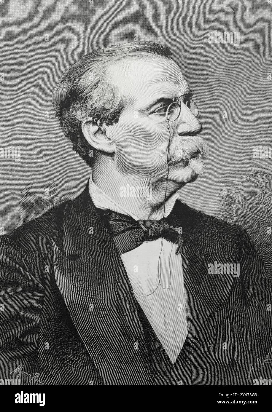 Antonio Cánovas del Castillo (1828-1897) Politicien et historien espagnol. Fondateur du Parti conservateur. Portrait. Gravure d'Arturo Carretero (1852-1903). La Ilustración Española y Americana (illustration espagnole et américaine), 8 février 1884. Banque D'Images