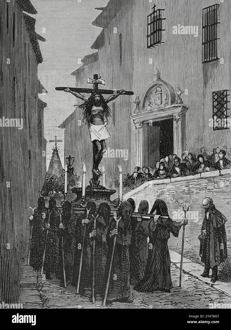 Histoire de l'Espagne. xixe siècle. Semaine de Pâques à Tolède. Procession du jeudi Maundy : 'Cristo de las Aguas' (Christ des eaux). Dessin de NAO. Gravure par Capuz. La Ilustración Española y Americana (illustration espagnole et américaine), 8 avril 1884. Banque D'Images
