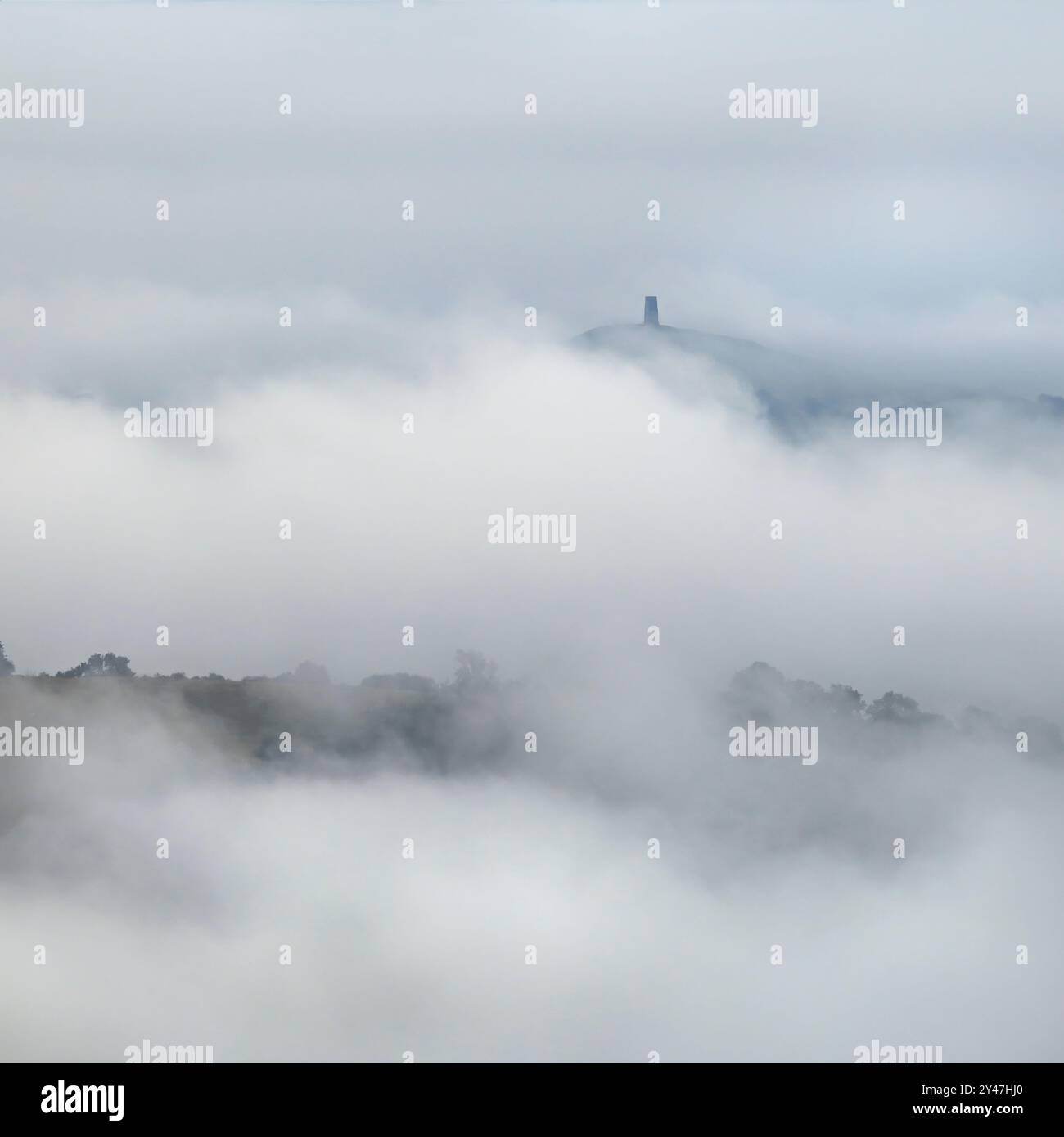 Brume d'aube lourde sur les niveaux du Somerset, de Deer Leap, Mendip Hills, Somerset, Royaume-Uni avec des arbres qui commencent juste à percer et Glastonbury Tor Banque D'Images