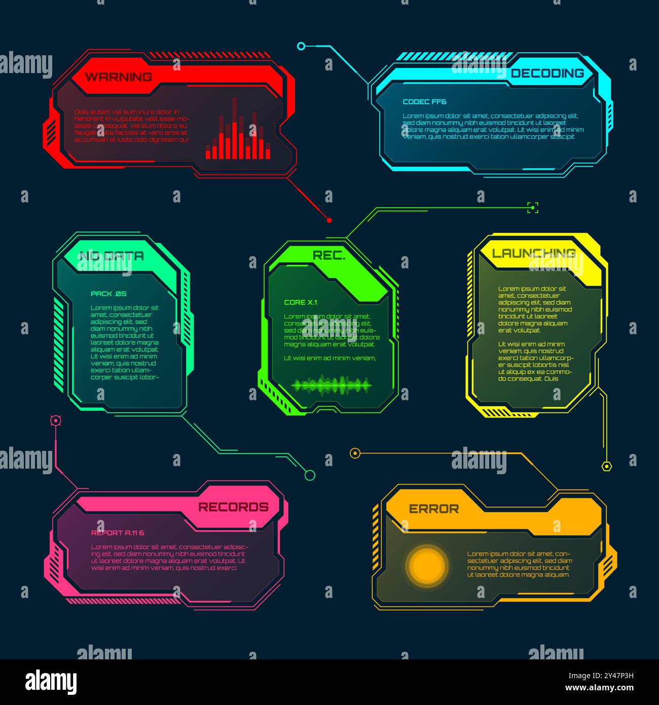 Éléments HUD ou UI futuristes. Zones de texte et légendes de l'interface utilisateur SCI-fi. Cadre de message d'avertissement coloré, modèle de boîtes d'information. Jeu moderne Illustration de Vecteur
