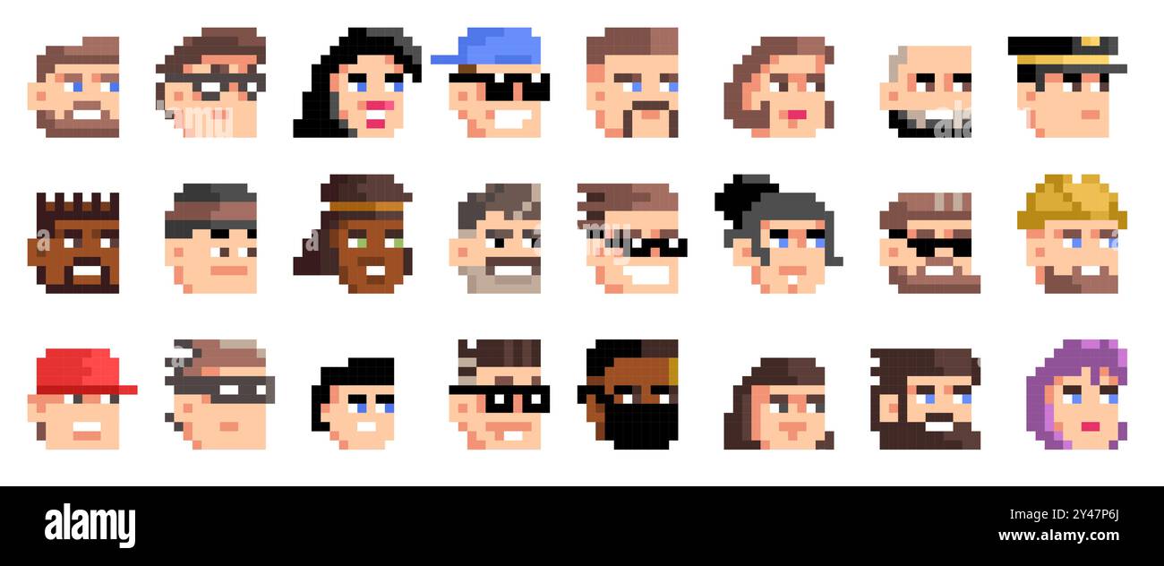 Avatars en pixels. Retro 8 bits personnages colorés, hommes et femmes avatar visages pour jeu vidéo, bande dessinée et site Web. Ensemble isolé de vecteur. Illustration de Vecteur