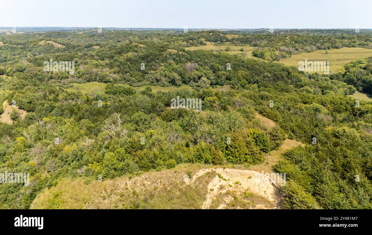 Photographie aérienne des Loess Hills dans l'ouest de l'Iowa par un après-midi d'été brumeux. Près de Moorhead, comté de Monona, Iowa, États-Unis. Banque D'Images