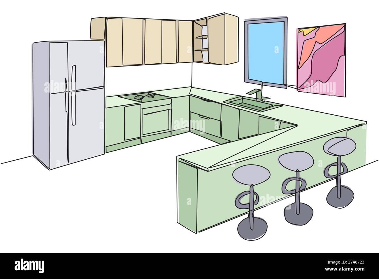 Simple dessin d'une ligne cuisine élégante avec mobilier moderne complet. Un endroit pour manger dans le style mini bar. Entièrement meublé. Cuisine moderne qui est très cle Illustration de Vecteur