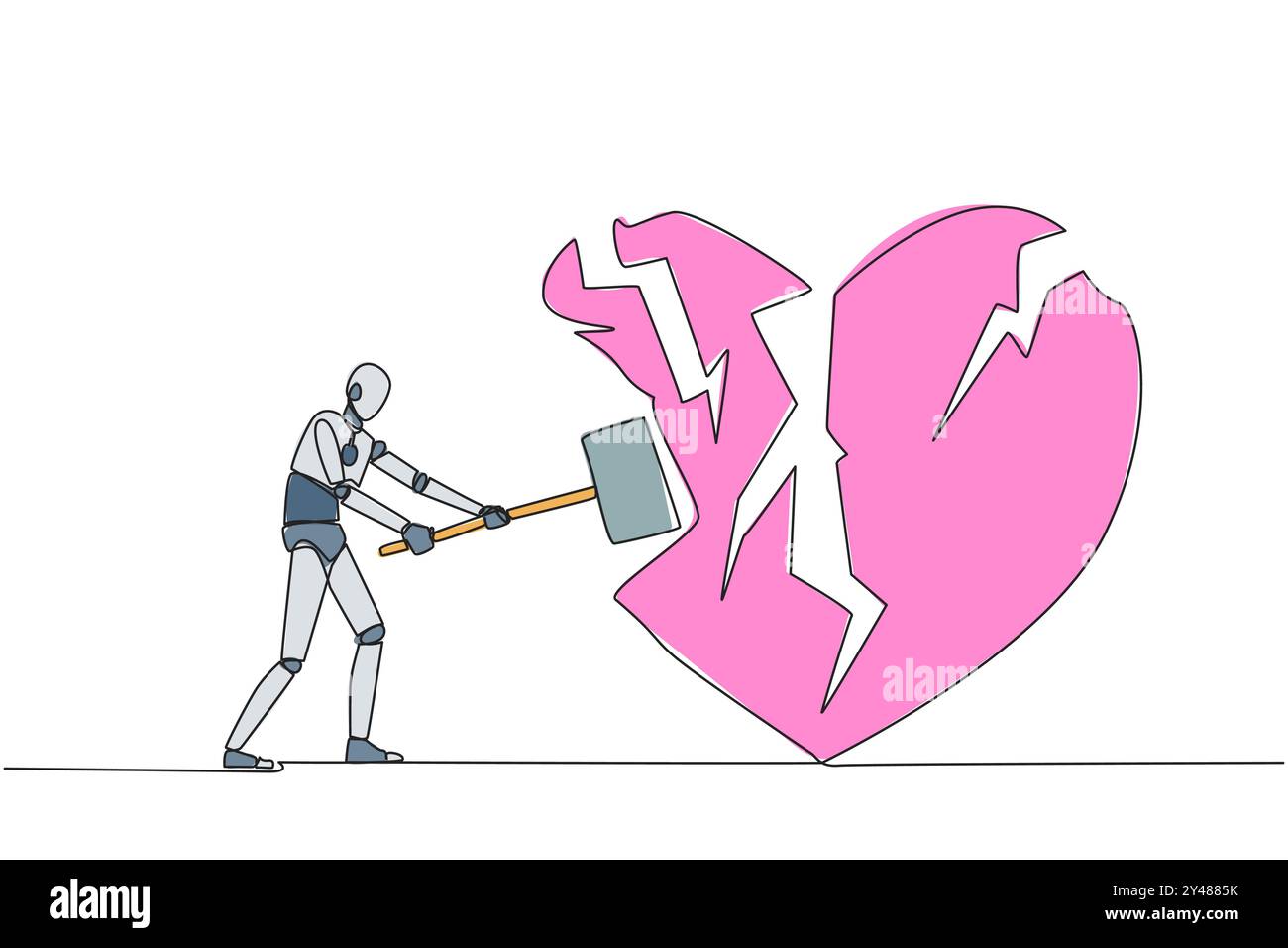Robot intelligent de dessin continu d'une ligne se préparant à frapper grand cœur. Cœur brisé. Perte de concentration. Sentiment émotionnel. Pas de direction. En colère. Madne Illustration de Vecteur