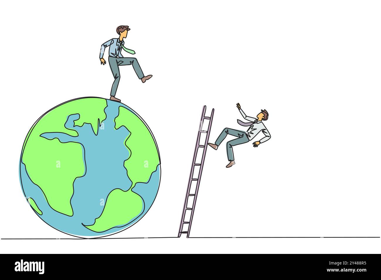 Simple ligne continue dessinant homme d'affaires coups de pied adversaire qui grimpe le globe avec une échelle. N'a pas réussi à être au sommet du monde. Largué par busine Illustration de Vecteur