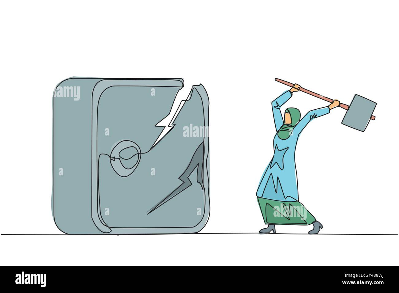 Continue d'une ligne dessinant femme d'affaires arabe se préparant à frapper grand coffre-fort. Boss furieux veulent détruire avec marteau. Femme d'affaires en colère. L Illustration de Vecteur