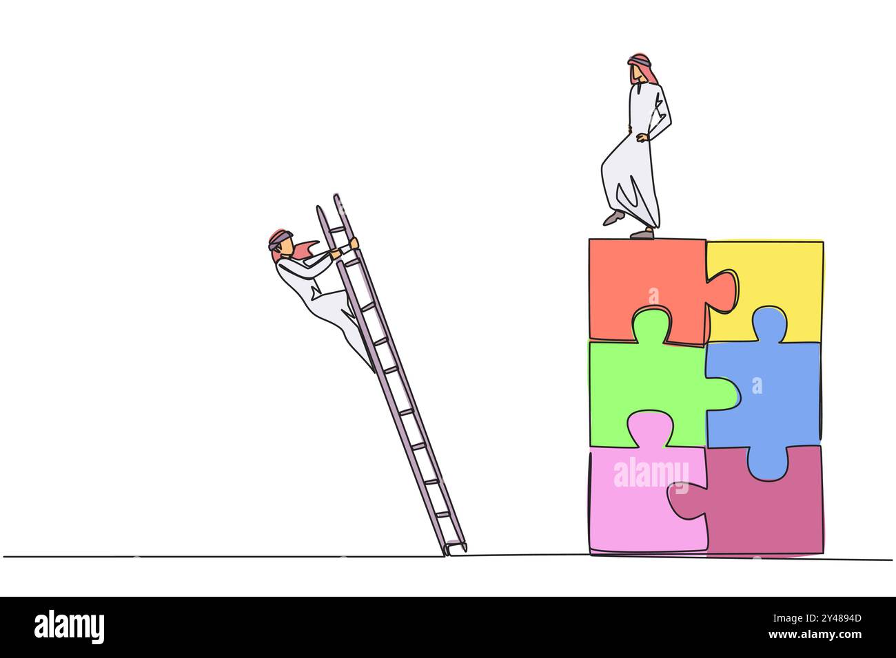 Continu une ligne dessinant un homme d'affaires arabe donne des coups de pied à l'adversaire qui monte le puzzle avec des escaliers. Trahi par un collègue lorsqu'il réussit à résoudre un pro Illustration de Vecteur