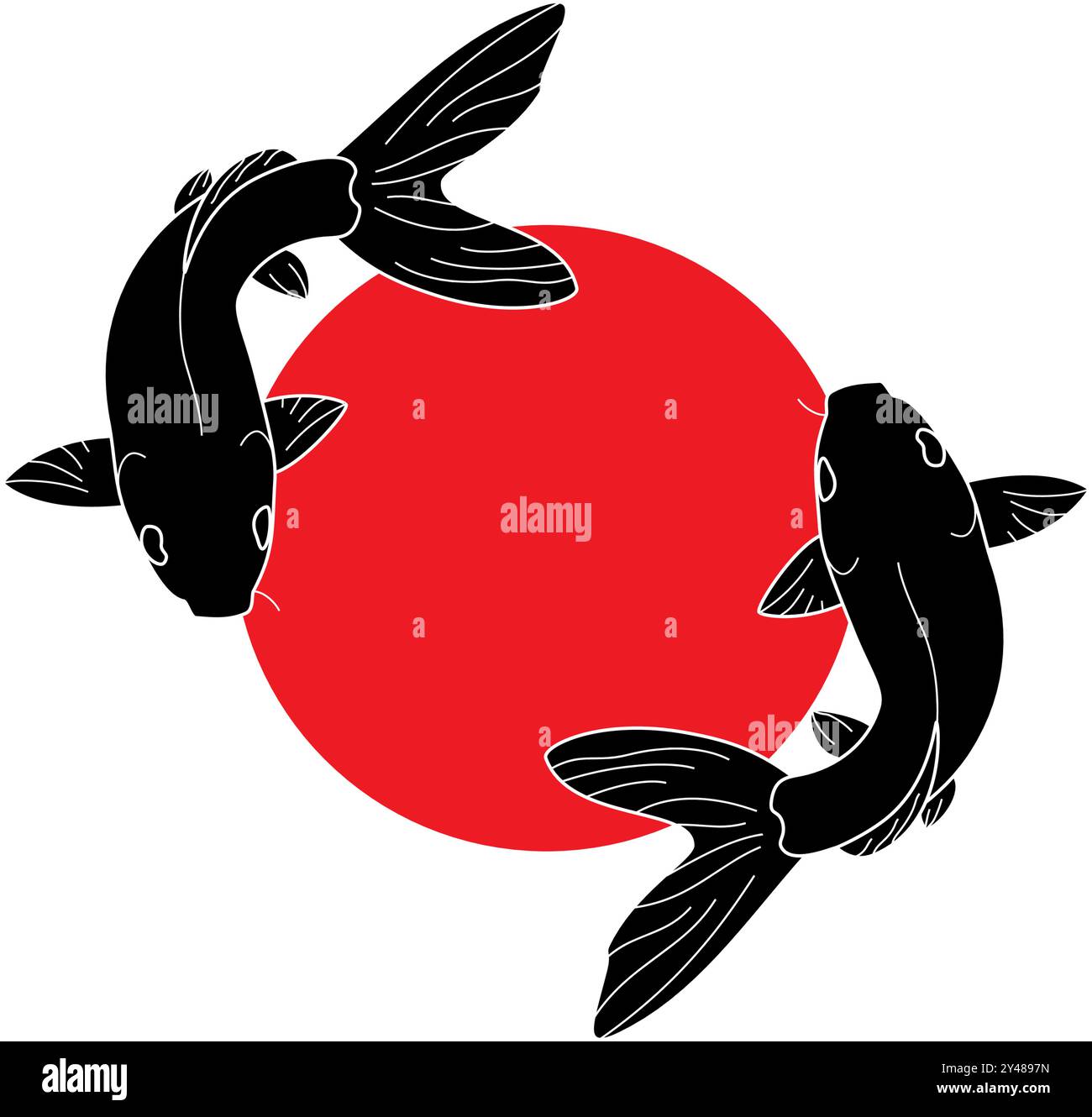 Art vectoriel de deux poissons de carpe Koi sur illustration de cercle rouge peint. Dessins pour T-shirts, tatouages, autocollants, logos de jeu ou affiches Illustration de Vecteur
