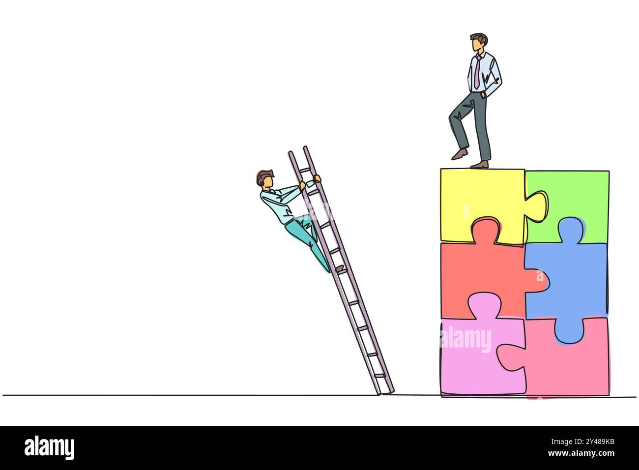 Continu une ligne dessinant homme d'affaires coups de pied adversaire qui grimpe le puzzle avec des escaliers. Trahi par un collègue lorsqu'il a réussi à résoudre un problème Illustration de Vecteur