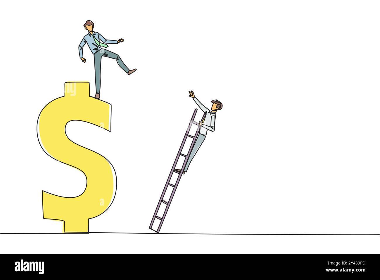 Simple ligne continue dessinant homme d'affaires donne des coups de pied à son rival qui grimpe un symbole du dollar avec une échelle. Concurrence malsaine. Utilisation de méthodes approximatives pour Illustration de Vecteur