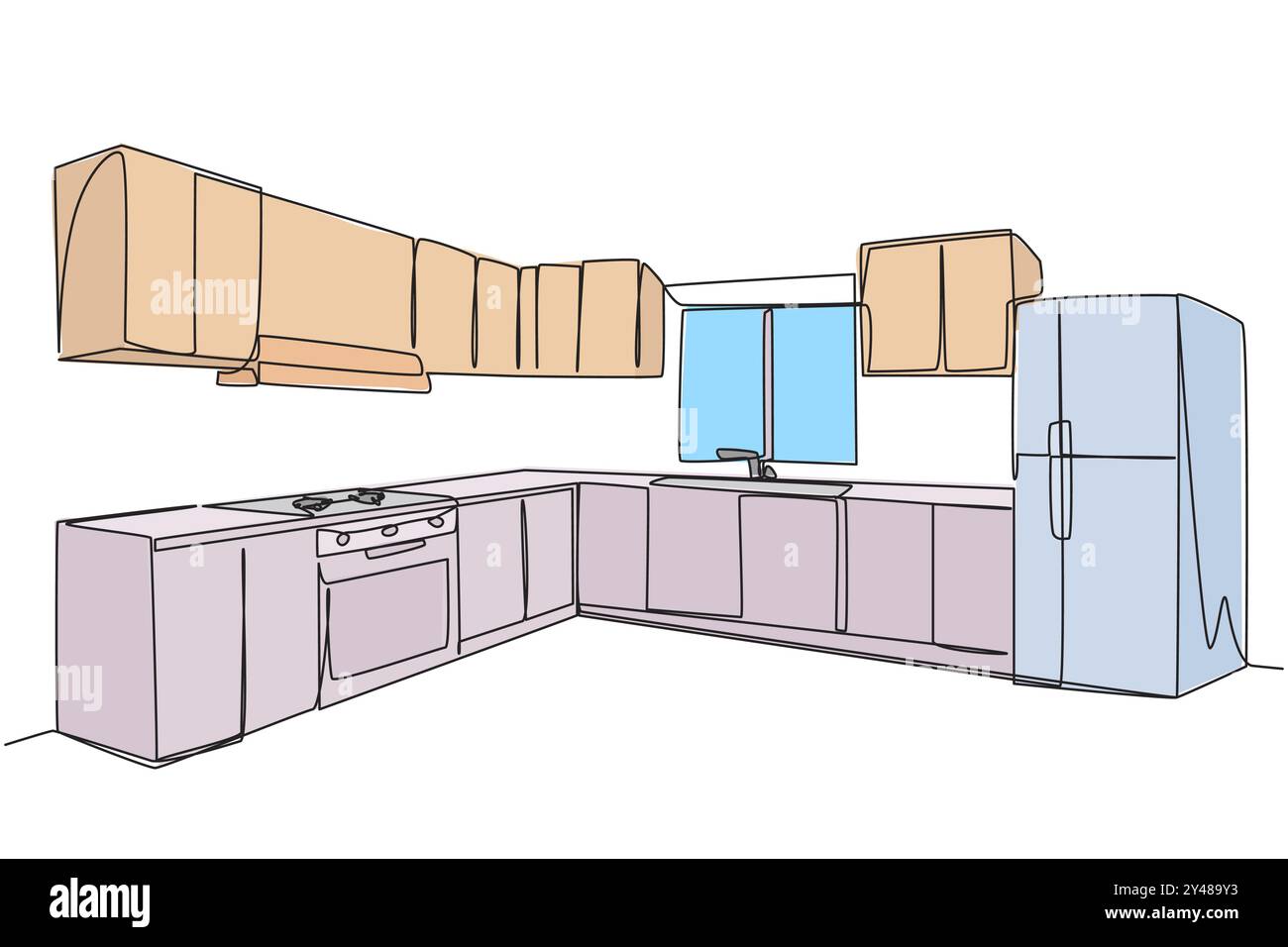 Simple dessin d'une ligne cuisine élégante avec mobilier moderne complet. Il y a un énorme réfrigérateur à deux portes qui ajoute une impression luxueuse au kitc Illustration de Vecteur