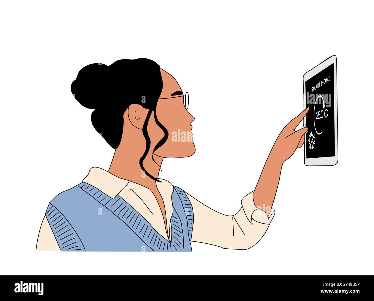 Femme utilisant le panneau de commande de la maison intelligente isolé Illustration de Vecteur