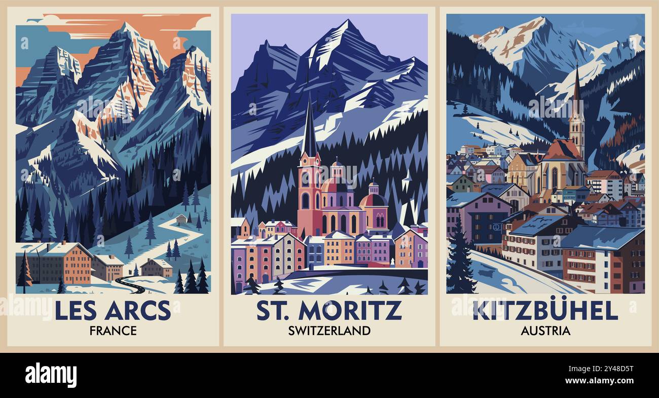 Ensemble d'affiches ski Travel dans un style rétro. Illustration de Vecteur