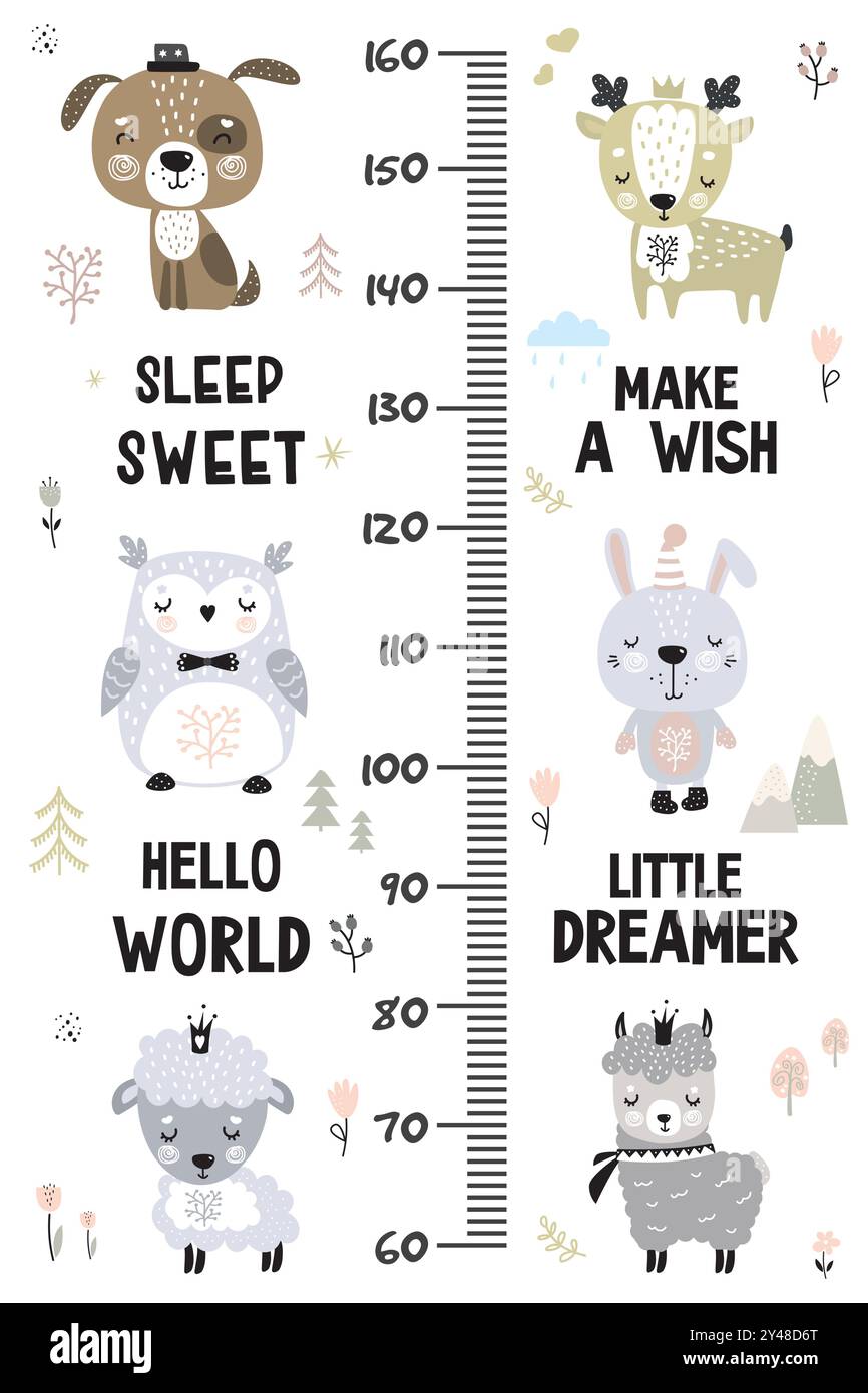 Tableau des tailles pour enfants. Animaux mignons et drôles de doodle. Graphique de croissance dans le style scandinave. Modèle d'affiche, impression enfantine. Divers animaux sauvages avec diffe Illustration de Vecteur