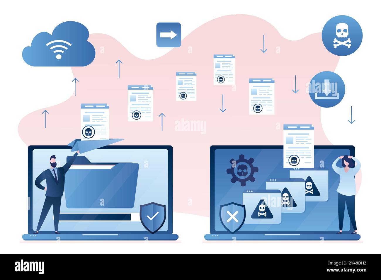 Spamming, le pirate envoie des fichiers infectés par un virus et des e-mails. Virus bot. Danger de piratage réseau. Erreurs sur l'écran du moniteur et femme malheureuse. Attaque de pirates. T Illustration de Vecteur