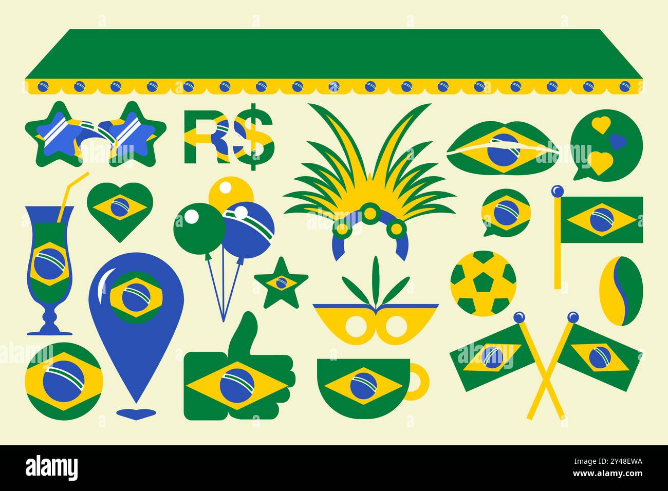 Collection d'art de clip vectoriel Fiesta brésilienne vibrante. L'ensemble présente des éléments isolés festifs dans les couleurs emblématiques du drapeau brésilien : lèvres embrassantes, pied Illustration de Vecteur