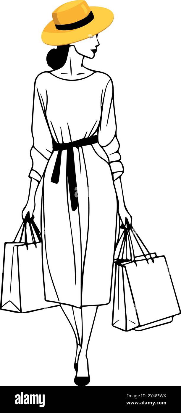 Femme française shopping avec des sacs et chapeau n ligne style d'art Illustration de Vecteur