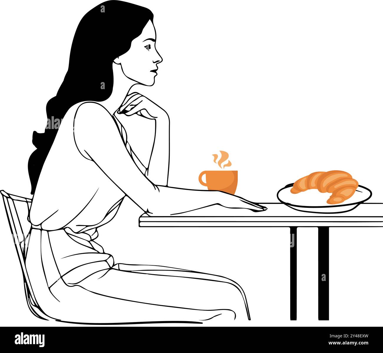 Femme française assise dans un café avec tasse et croissant dans un style artistique en ligne Illustration de Vecteur
