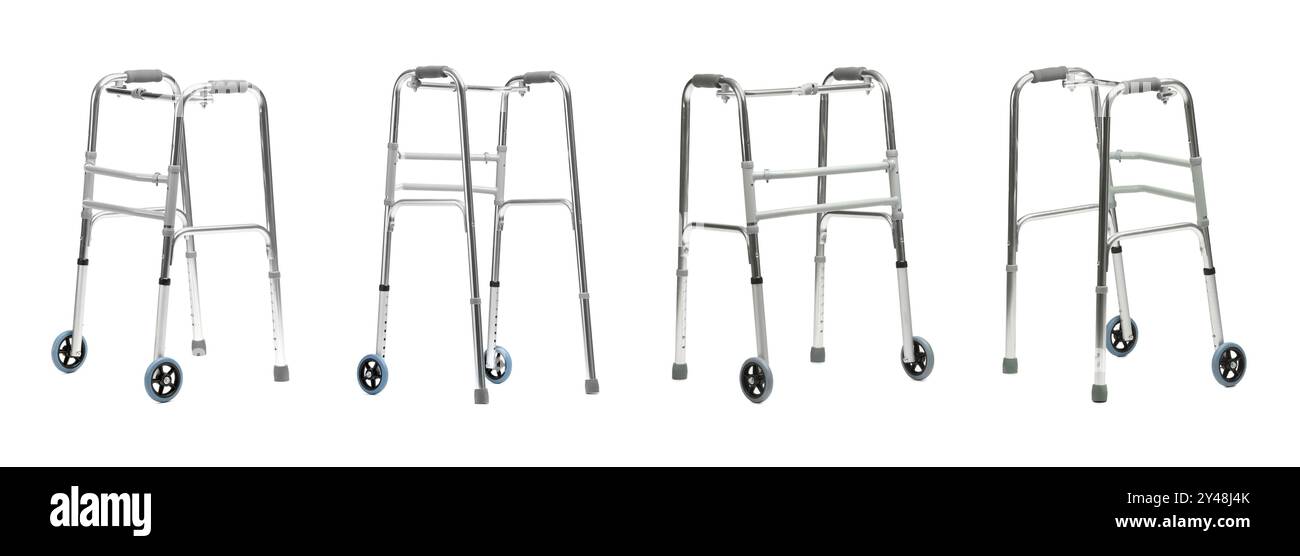 Cadre de marche isolé sur blanc, collage. Vue latérale différente Banque D'Images
