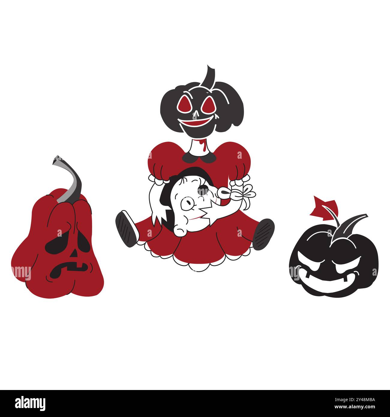 Poupée effrayante Halloween avec citrouille au lieu de tête. Illustration vectorielle isolée sur fond blanc. Illustration de Vecteur