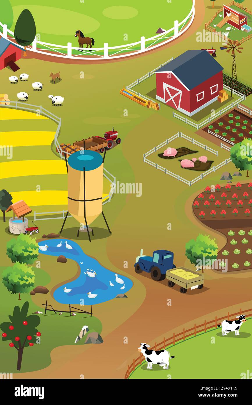 Illustration vectorielle de la carte isométrique d'une ferme Illustration de Vecteur